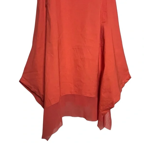For Cynthia Linen Blend Coral Asymmetrical Sleeveless Square Neck Dress — L - Picture 4 of 11